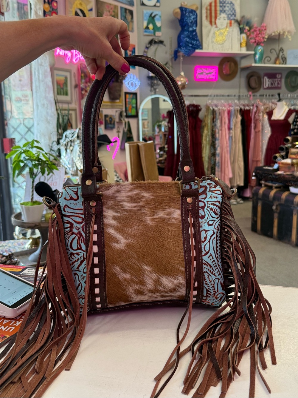 MYRA concealed carry Brown leather and Fringe Cowhide Satchel Handbag